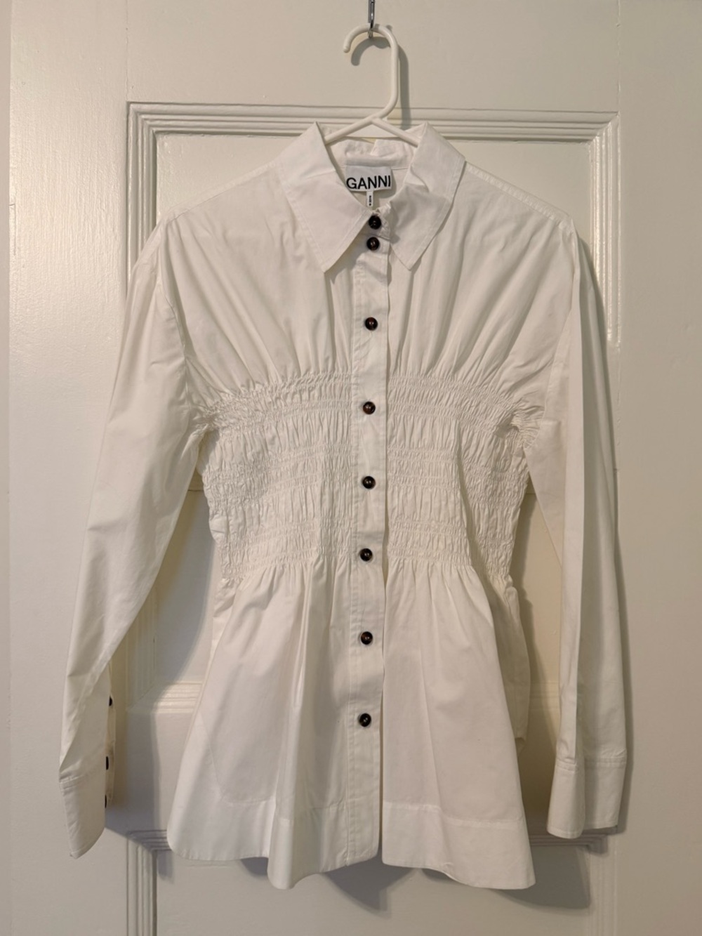 GANNI Shirred Cotton Poplin Blouse in White - Picture 5 of 13